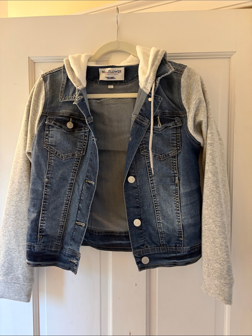 Wallflower Blue Denim Jacket with Gray Hoodie Sleeves - Never Worn